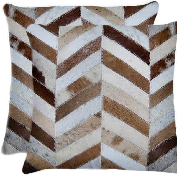 Homeroots Set Of Two Natural And Brown Chevron Cowhide Throw Pillows   328296