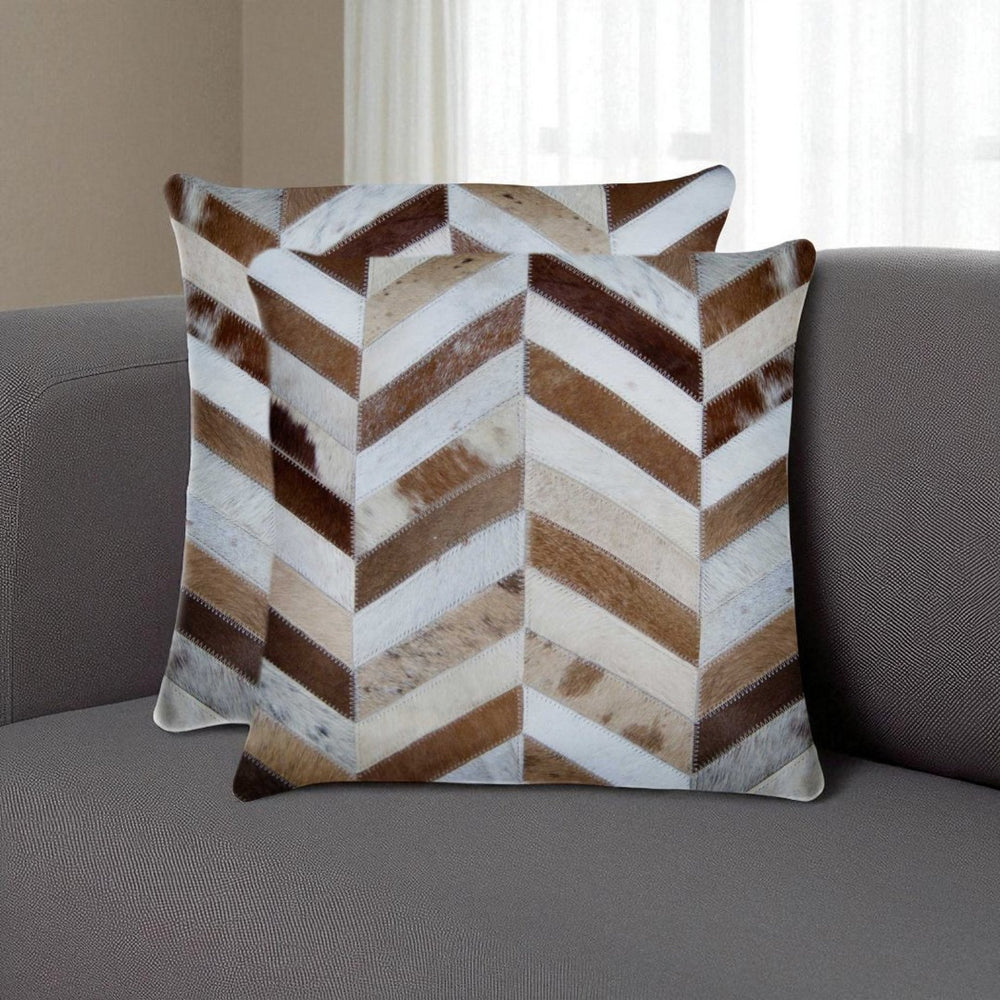 HomeRoots Set of Two Chevron Cowhide Throw Pillows - Handmade Rustic Elegance for Cozy Living Spaces 328296