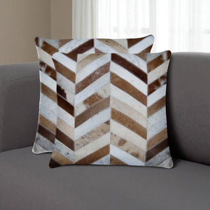 HomeRoots Set of Two Chevron Cowhide Throw Pillows - Handmade Rustic Elegance for Cozy Living Spaces 328296