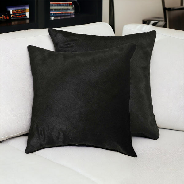 Homeroots Set Of Two 18" Black Cowhide Throw Pillow   328298