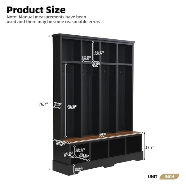 English Elm Farmhouse Hall Tree with Triple Arch Back Panel Eight Hooks Drawers and Entryway Bench Black N721S000075B