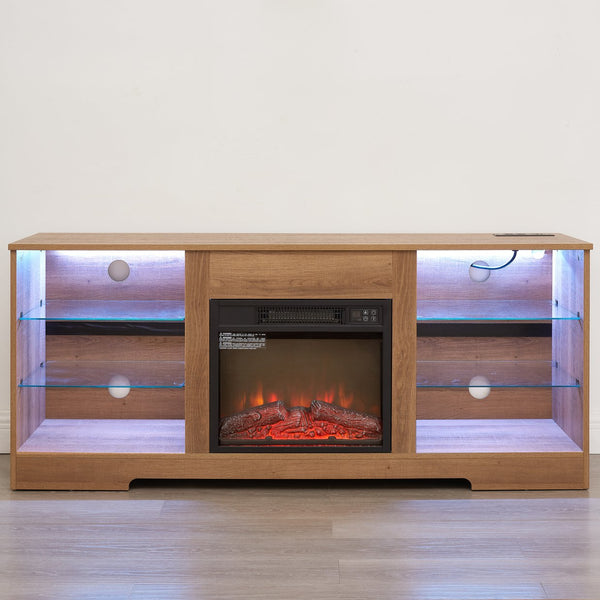 English Elm TV LED Fireplace TV Stand with Bluetooth LED Lights, Remote, USB Charging & Ample Storage, 58" Oak W2275P257558