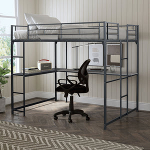 English Elm Contemporary Full Loft Bed With Twin Ladders, Durable Metal Frame, Stylish Black Finish For Space-Saving B2741S00304