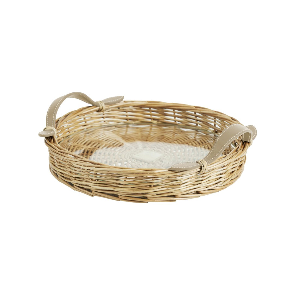 Chelsea House Island Hand‑Woven Round Tray Large With Tempered Glass Insert, Mocha Leather Handles — Stylish Serving & DéCor Organizer 32837750