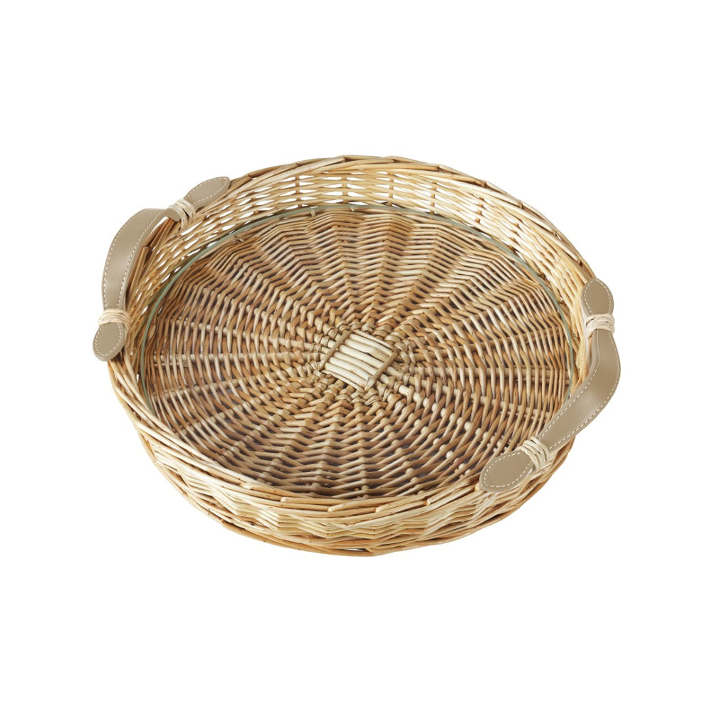 Chelsea House Island Hand‑Woven Round Tray Large With Tempered Glass Insert, Mocha Leather Handles — Stylish Serving & DéCor Organizer 32837750