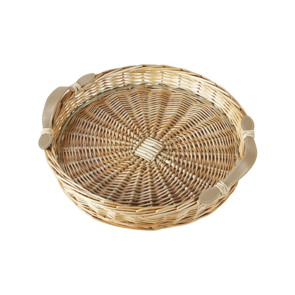 Chelsea House Island Hand‑Woven Round Tray Large With Tempered Glass Insert, Mocha Leather Handles — Stylish Serving & DéCor Organizer 32837750