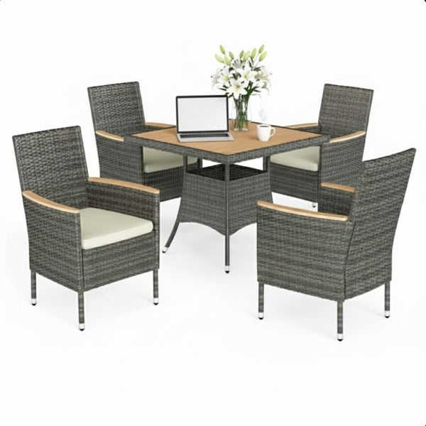 English Elm 1-piece Square Acacia Wood Top Hand-woven Pe Rattan Outdoor Patio Dining Table Gray B082P455163