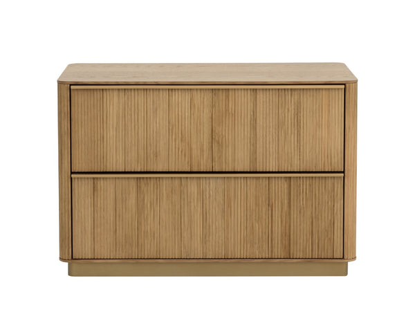 Sunpan KALLA Nightstand - Large Rustic Oak with Textured Vertical Reeding & Sleek Gold Steel Base Design 112408