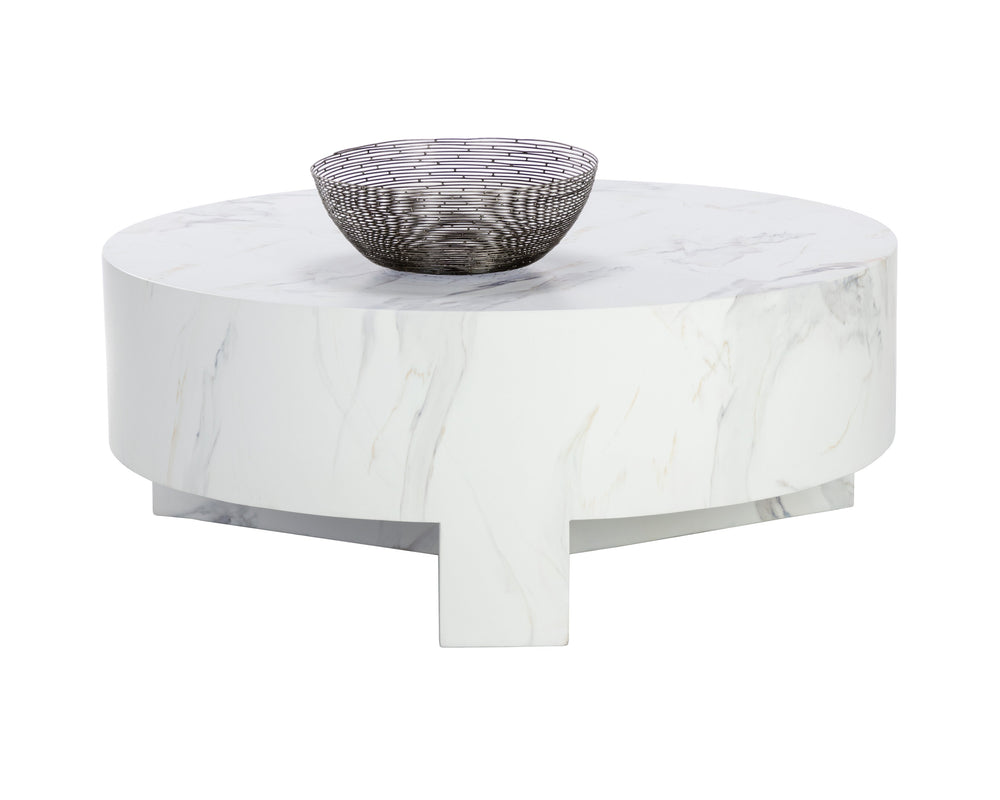 Sunpan Mirella Coffee Table - Modern Circular Design in Sealed Concrete with White Marble Finish & Unique Veining