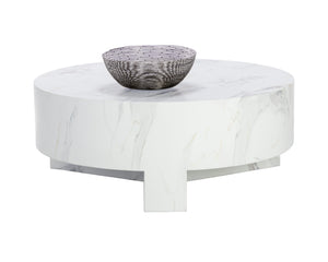 Sunpan Mirella Coffee Table - Modern Circular Design in Sealed Concrete with White Marble Finish & Unique Veining