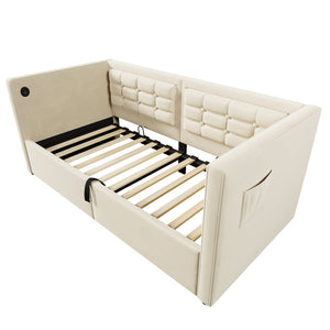 English Elm Upholstered Twin Daybed with Hydraulic Storage, Velvet Tufted Sofa Back, USB & Type-C Charging Port Beige N736P303402B
