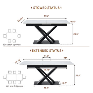 English Elm Modern Extendable Dining Table with Walnut MDF Veneer Top, Dual V-Shaped Metal Base, Sleek Durable Design White Marble W3493S00006
