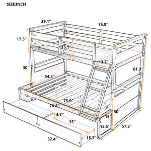 English Elm Twin Over Full Bunk Bed White Convertible Frame with Built-in Storage Drawers Gray LT000022AAE