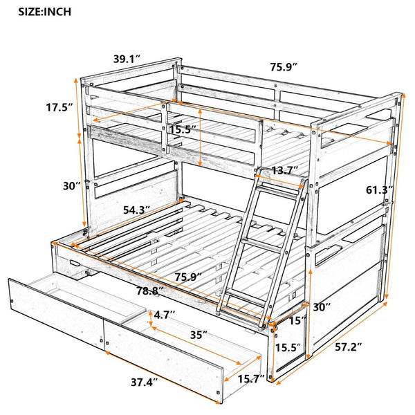 English Elm Twin Over Full Bunk Bed White Convertible Frame with Built-in Storage Drawers Gray LT000022AAE