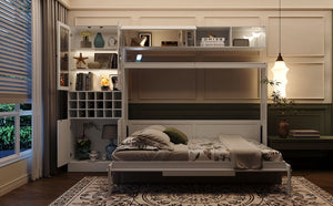 English Elm Full Size Murphy Wall Bed with Linen Sofa Integrated Shelving Usb Charging and Lighting LP000763AAK
