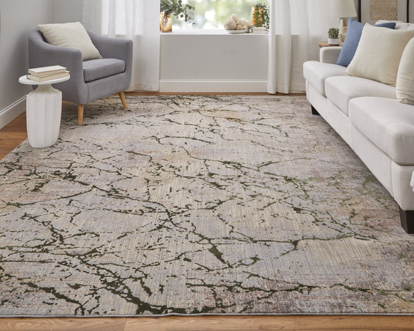 Feizy Rugs Pryor Luxurious Abstract High-low Pile Rug - Modern, Versatile Design In Earthy And Vibrant Tones Taupe,Green,Tan Polyester,Viscose Pry39nefgrnmlte10