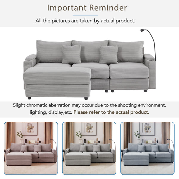 English Elm 95.3" Modern 3-Seater Sectional Sofa With Storage, Usb Ports & Movable Ottoman For Stylish Comfort N719S001612E