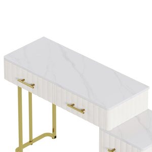 English Elm Velvet Upholstered Vanity Desk Set with Marble-Look Top, Padded Chair, 5 Spacious Drawers & Gold Accents Beige 17.5 L x 16.3 W x 16.1 H N733S272606A