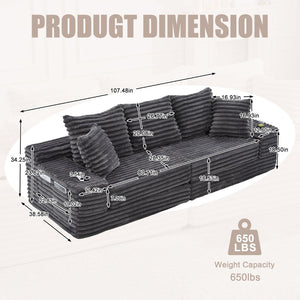 English Elm Oversized Corduroy Cloud Couch Convertible Sleeper Sofa with Memory Foam Seating Dark Gray W395S00117