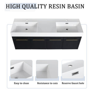 English Elm 60 Inch Wall-Mounted Bathroom Vanity With Double Resin Sink & Stylish Storage Rack, Easy Assembly W999S00372