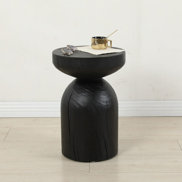 English Elm Solid Mango Wood Round Accent Table Hand Burned Finish Sculptural Plant Stand Nightstand W347P430101