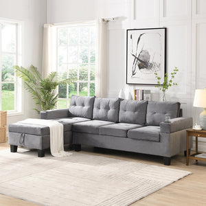 English Elm Sectional PU Sofa Set with L-Chaise, Built-In Cup Holders, Thick Foam Cushions, Modern 4-Seater Comfort Grey 69.29 L x 33.46 W x 13.78 H W2297S00011