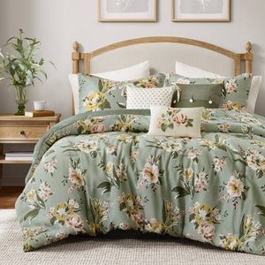 English Elm 7-piece Cal King Vintage Floral Comforter Set with Reversible Stripe and Bed Skirt B035P440214