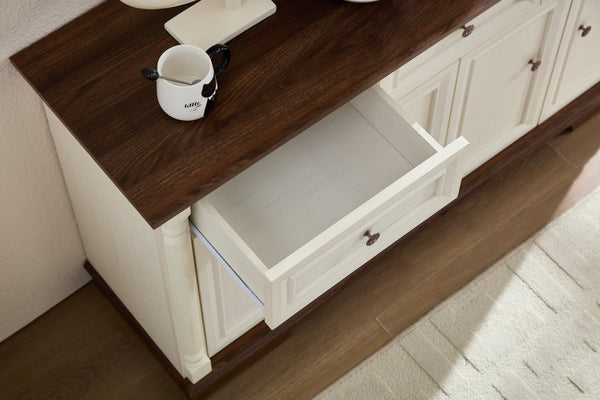 English Elm Farmhouse Large Storage Cabinet With Roman Columns, Versatile Wood Buffet & Wine Cooler Stand W2393P300547