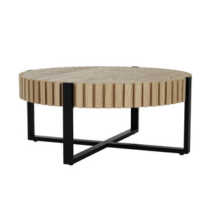 English Elm Round Gear Motif Drum Coffee Table Walnut Mdf Top Iron Base Compact Living Room Accent N770P372354N