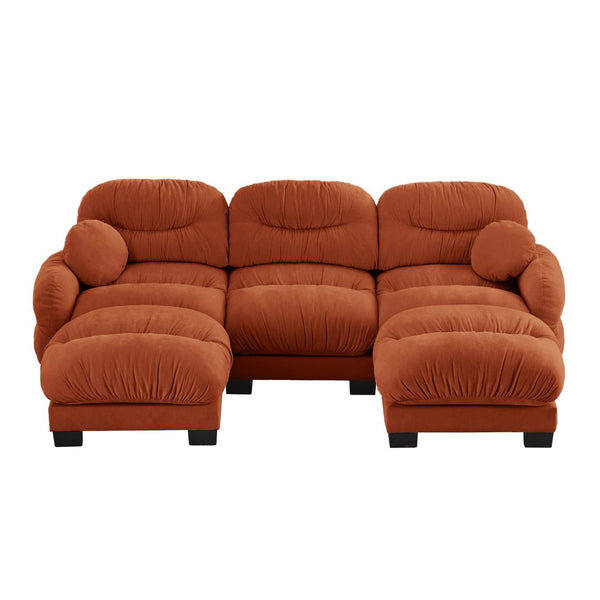 English Elm Pleated Chenille U-shape Sectional Sofa with Ottomans Ergonomic Foam Curved Armrests Orange W5656S00069