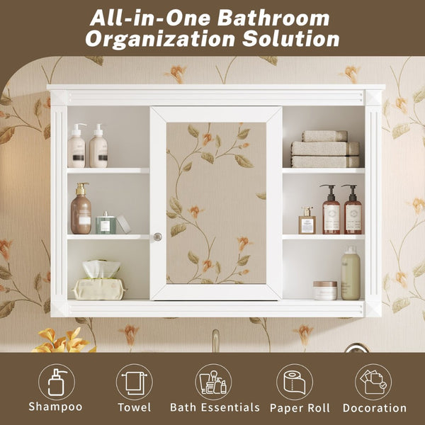 English Elm 42'' Wall Mount Medicine Cabinet White Mdf Mirror Door Six Open Shelves Towel Rod N710P363544K