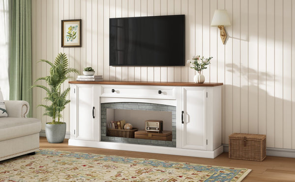 English Elm Elegant Walnut Media Console with Gray Brick Base Open Bay and Adjustable Shelving White N721P394506K