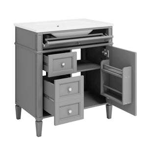 English Elm 30'' Modern Bathroom Vanity with Integrated Mirror Cabinet, Ceramic Sink, 3 Drawers & Ample Storage Grey SW000126AAE-1