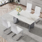 Hearth and Haven Modern Minimalist Dining Table. Imitation Marble Glass Sticker Desktop, Stainless Steel Legs, Stable and Beautiful. 4 White Leatherette Seats. 63 "x 35.4" x 29.5 "Dt-69 C-1162 W1151S00834