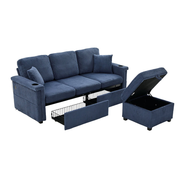 English Elm UNITED Corduroy L-Shaped Sectional Sofa with Storage Ottoman, USB Ports, Cup Holders & LED Lighting Navy W1568P332406