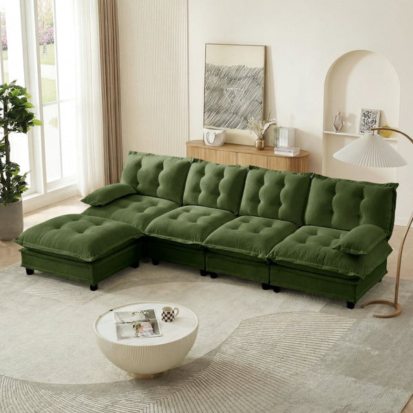 English Elm 138" Chenille Modular Cloud Sectional with Ottoman Deep Seat Lounge Sofa for Apartments Green W714S01732