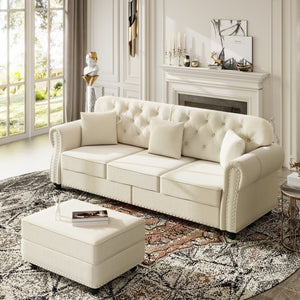 English Elm Upholstered Velvet Chesterfield Sofa with Button Tufting Nailhead Trim and Ottoman Beige+White W1885S00394