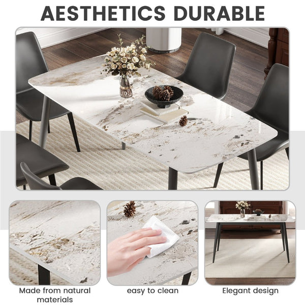 English Elm 62.99" Modern Artificial Stone Dining Table With Curved Edges & Dark Grey Metal Legs For 6 People P3 W1535S00508-GIGA