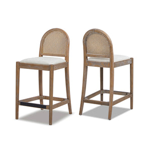 English Elm Jennifer Taylor Home - Panama 26.5" Curved Back Cane Rattan Counter Stool Set of 2 — Oak Frame, Gray Wool-Poly Blend Upholstery, Brass Footrest Protection B2719P395565