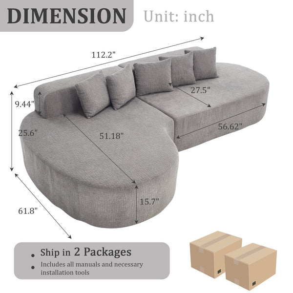 English Elm 110.2" Boneless Couches Sectional Curved L-Shape Sofa with Deep Seat, 5 Pillows, Chenille Flannelette Comfort W1249S00010