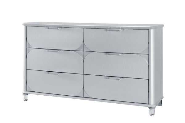 English Elm LAURA Solid Wood Chest with Spacious Drawers, Sleek Metallic Finish, Bun Feet & Acrylic Accent Legs Silver 65.87 L x 20.16 W x 37.95 H B201P294308