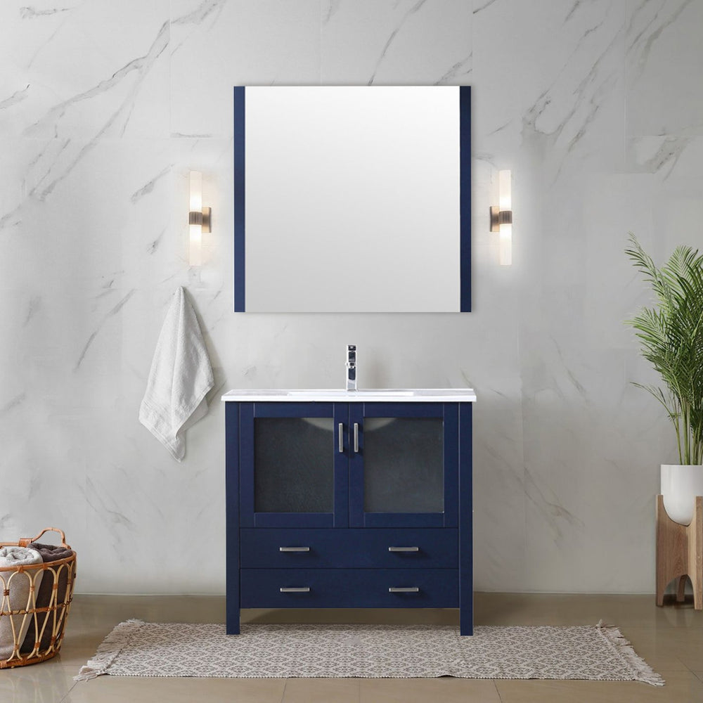 English Elm Navy Blue Bath Vanity 36” W X 18.25” D With White Ceramic Top, Soft-Close Drawers & Ample Storage B2731P260443