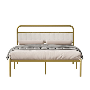 English Elm Queen-Size Beige Linen Platform Bed Frame with Gold Metal Accent, Upholstered Headboard, 800 lb Capacity W2992P233415