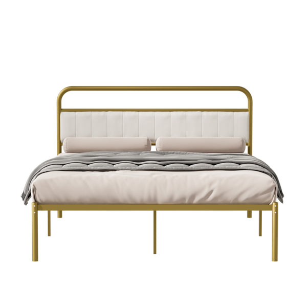 English Elm Queen-Size Beige Linen Platform Bed Frame with Gold Metal Accent, Upholstered Headboard, 800 lb Capacity W2992P233415