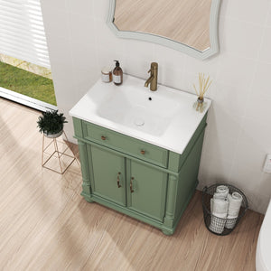 English Elm 27.8" Mid-century Freestanding Bathroom Vanity with Ceramic Sink Drawer and Wood Base Green W1801S00007