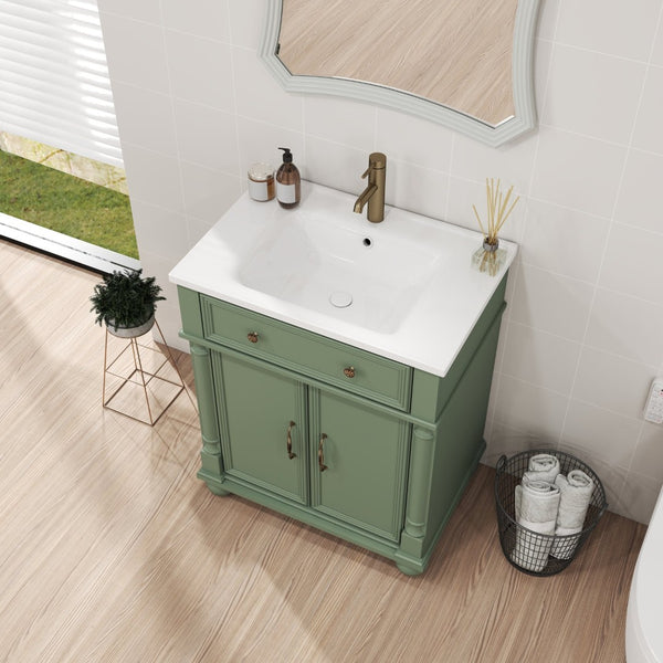 English Elm 27.8" Mid-century Freestanding Bathroom Vanity with Ceramic Sink Drawer and Wood Base Green W1801S00007