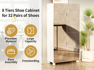 English Elm 8 Tier Shoe Cabinet with Mirrored Door, 32-Pair Organizer, Space-Saving MDF Storage for Entryway W3128P281588
