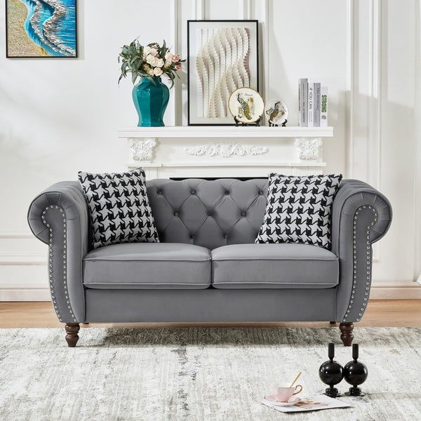 English Elm 65"chesterfield Velvet Tufted Sofa with Nailhead Trim Mid Century Two Seat Couch Grey W3373S00062