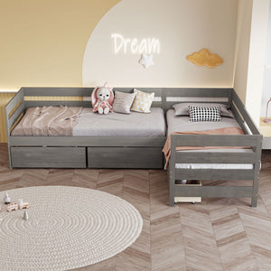 English Elm Twin L-Shaped Platform Bed with Three Spacious Drawers, Solid Pine & MDF, Clean-Lined Design Gray N7090000468E