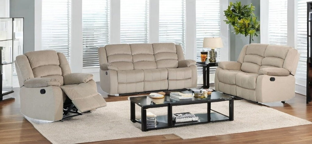 HomeRoots Three Piece Indoor Beige Microsuede Seating Set – Luxurious Comfort for Six, Reclining & Stylish Design 329370